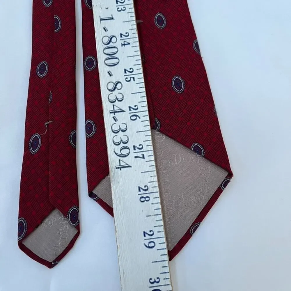 Vintage Christian Dior Mens' Red Silk Neck Tie All Over Print Fabric Woven Italy